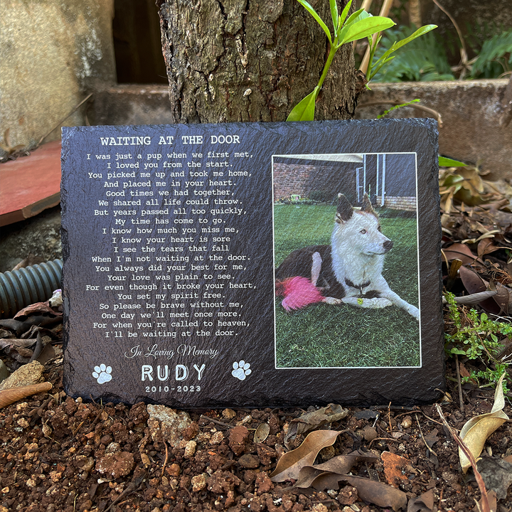 Waiting At The Door - Personalized Dog Memorial Stone