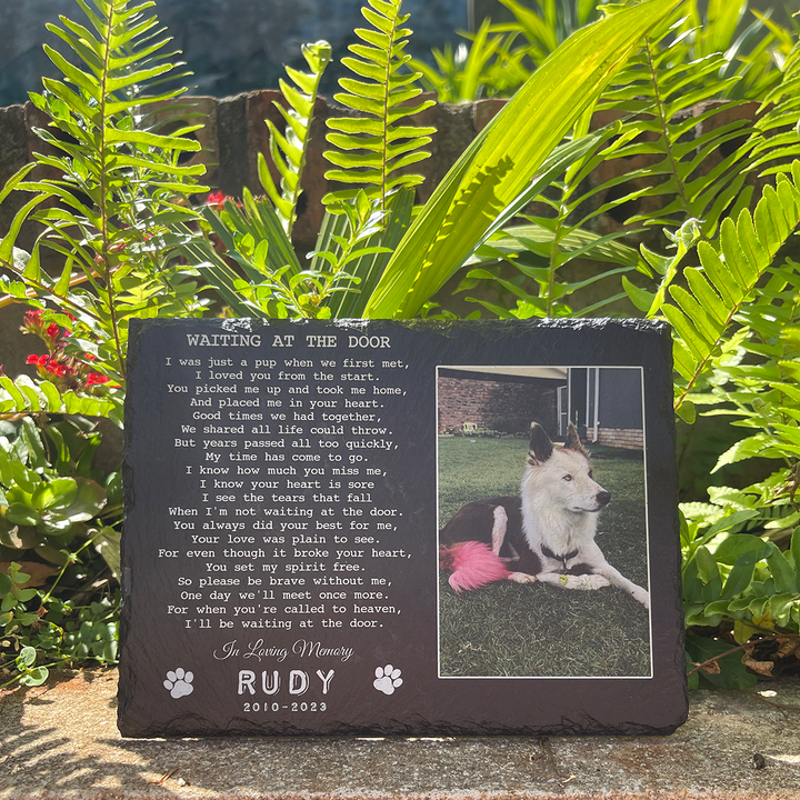 Waiting At The Door - Personalized Dog Memorial Stone