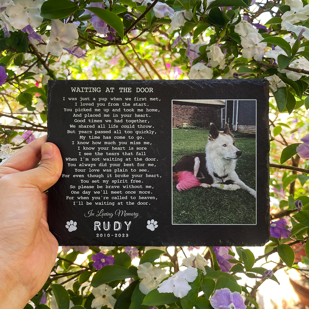 Waiting At The Door - Personalized Dog Memorial Stone