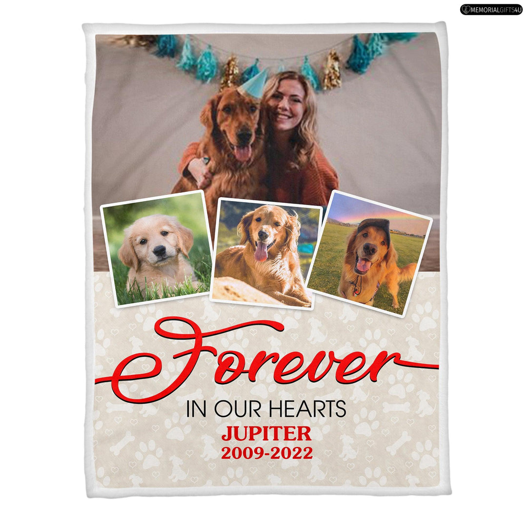 FOREVER IN OUR HEARTS - PERSONALIZED DOG REMEMBRANCE GIFTS FLEECE BLANKETFOREVER IN OUR HEARTS - PERSONALIZED DOG REMEMBRANCE GIFTS FLEECE BLANKET