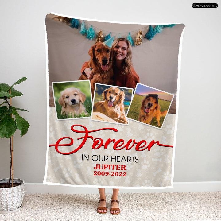 FOREVER IN OUR HEARTS - PERSONALIZED DOG REMEMBRANCE GIFTS FLEECE BLANKET